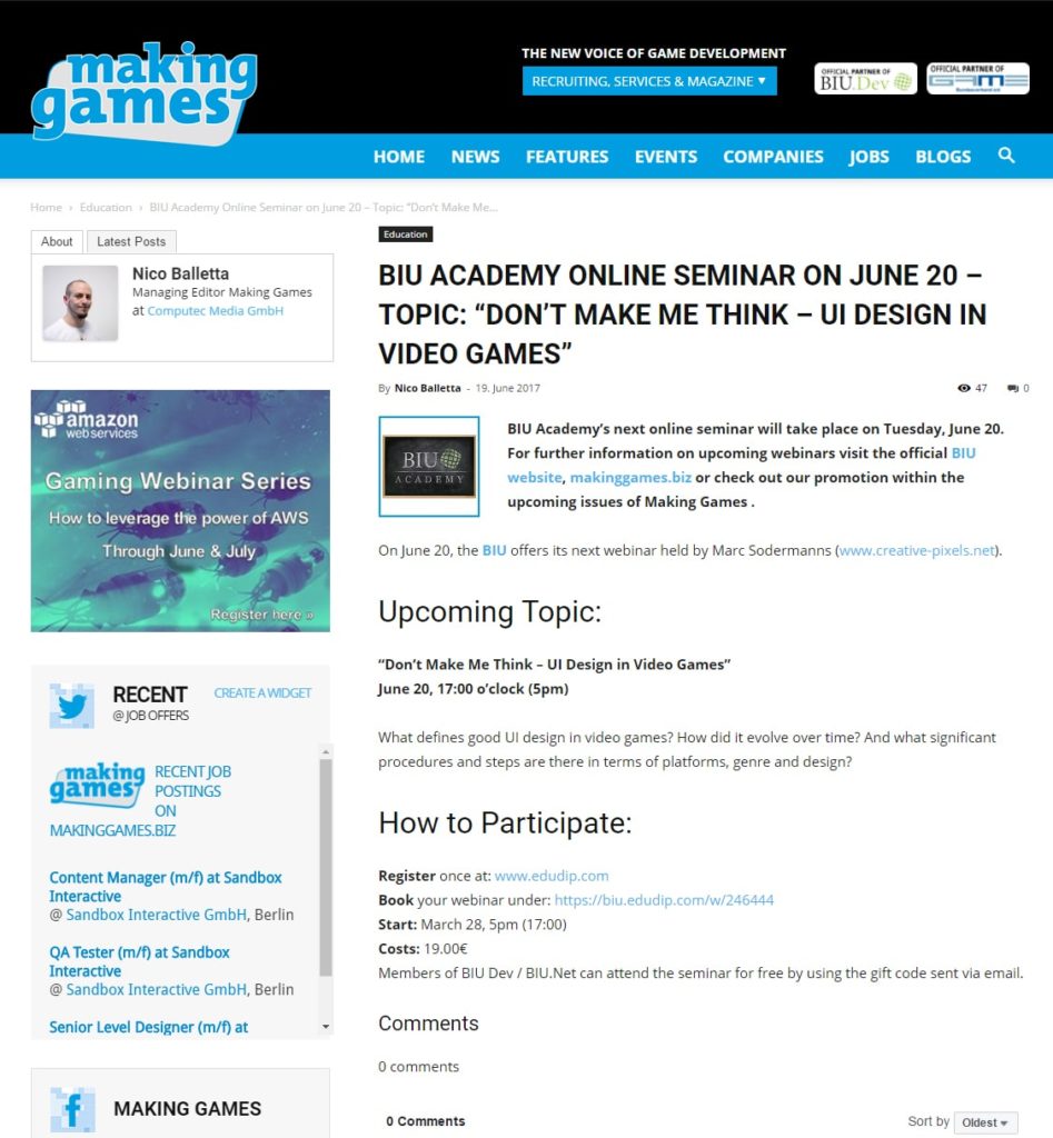 Articel in MakingGames magazin about my webinar about UI Design in videogames