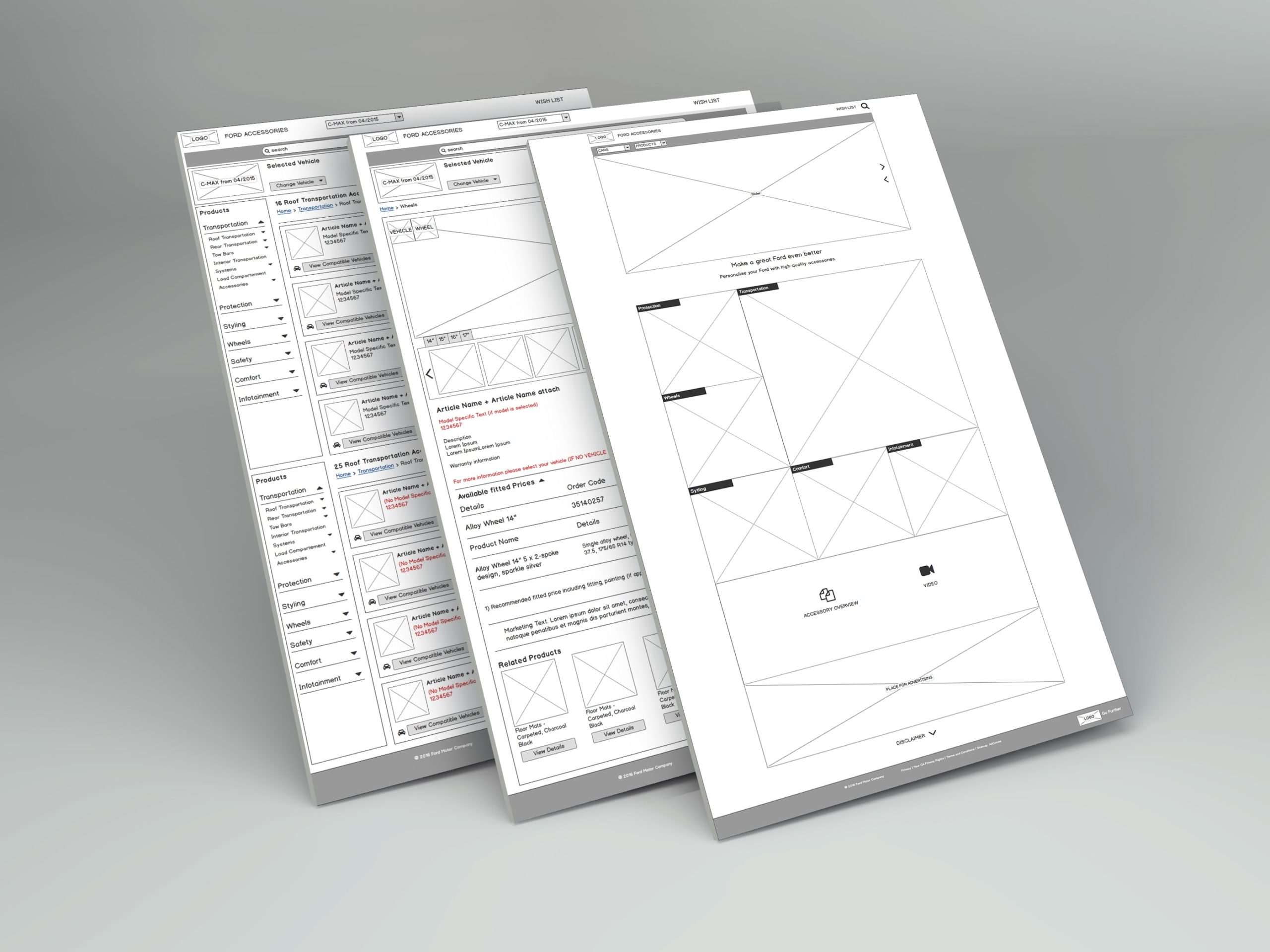Wireframes Ford online accesory catalogue