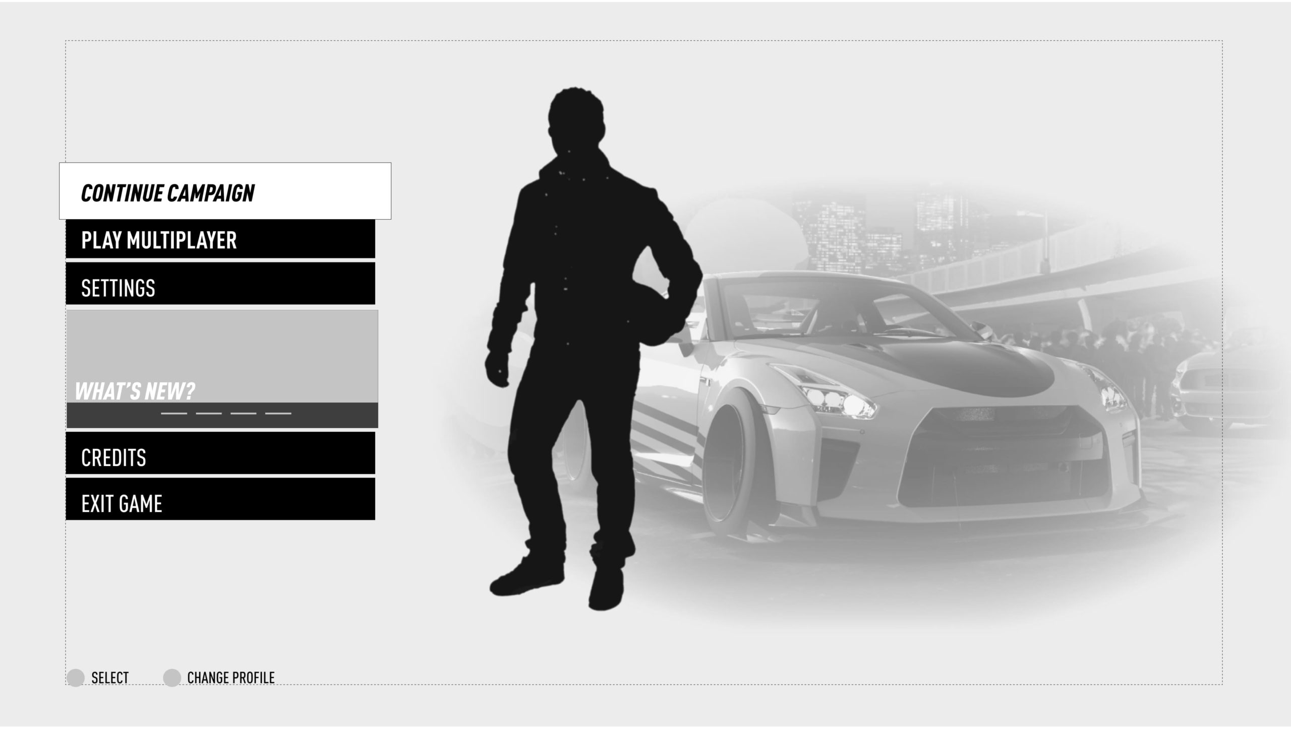 Need for Speed excalibur title menu wireframe